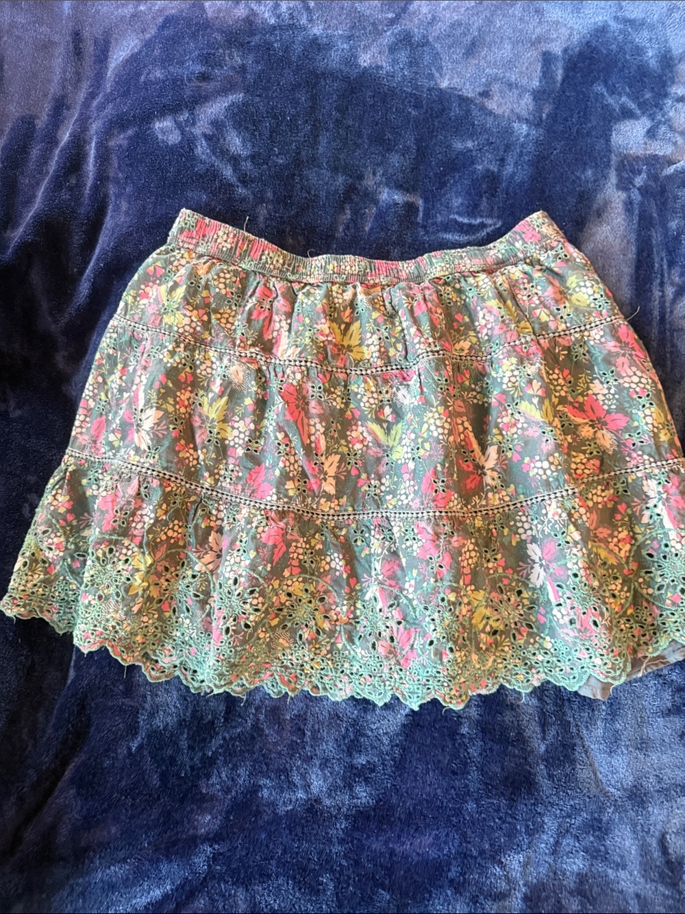 Tiered Floral Eyelet Skirt in Teal and Pink